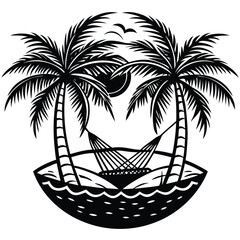 Tropical Palm Tree Silhouette on Beach, Exotic Island Paradise with Coconut Palm, Ocean Sea and Sunny Sky, Summer Vacation Travel and Tropical Nature Vector Illustration © Saidur