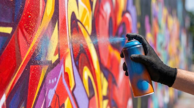 Artist wearing black glove spraying colorful graffiti on urban wall with spray paint can
