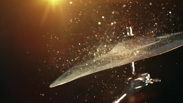 Super Slow Motion Shot of Cymbal Hit With Golden Glittering Particles at 1000fps.