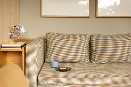 Cozy Living Room Corner with Houndstooth Daybed and Breakfast Setup
