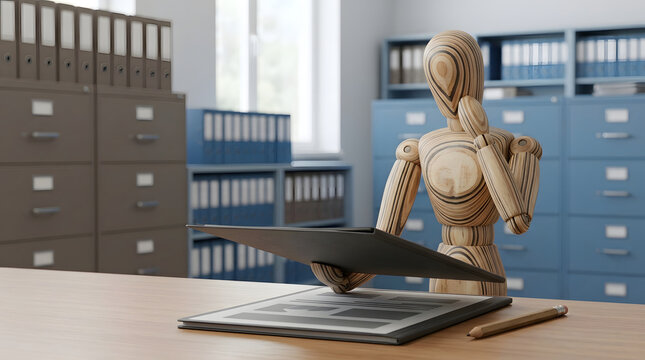 Artificial intelligence office and wooden mannequin at desk with folder for data analysis, corporate management and future technology. Humanoid figure, files and documents in workspace with storage
