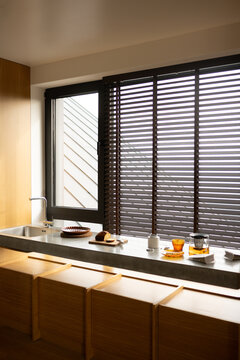 Contemporary Kitchen Breakfast Counter with Fresh Tea and Sliced Bread