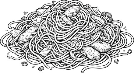 Obraz premium Detailed vintage engraved illustration of a delicious spaghetti pasta dish with noodles, meatballs, herbs, and traditional Italian cuisine style