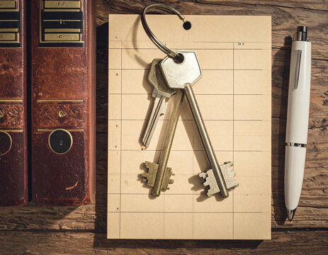 Organized property keys and estate planning records on a legal desk