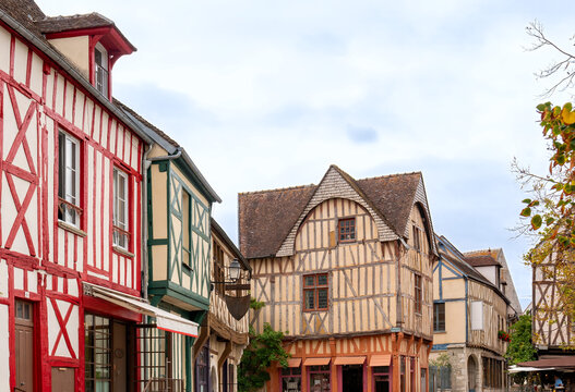 France, traditional half-timbered houses on the Place du Ch&acirc;tel in the city of Provins, a medieval city.