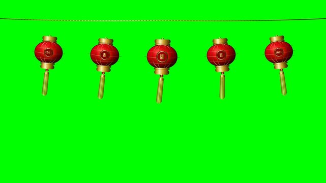 Premium 4K commercial motion graphic featuring 5 traditional red and gold Chinese New Year lanterns lined up horizontally, swaying smoothly with animated tassels on a green screen background for Imlek
