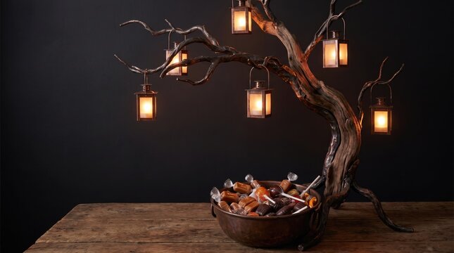 3d Halloween trick or Treat abstract background design new 2026 Decorative hanging lanterns on a bare tree branch with autumn leaves illustration
