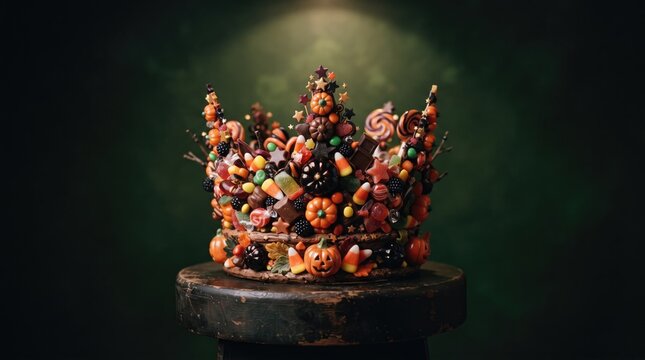 3d Halloween trick or Treat abstract background design new 2026 Elaborate cake decoration with fruits and flowers on a dark background illustration