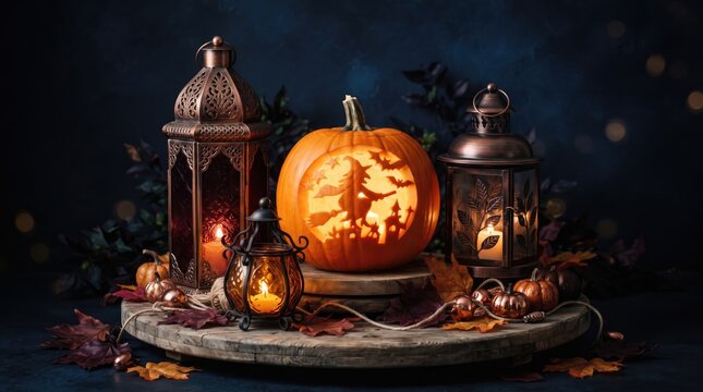3d Halloween trick or Treat abstract background design new 2026 Halloween decorated jack o lantern with lanterns and candles on dark background illustration