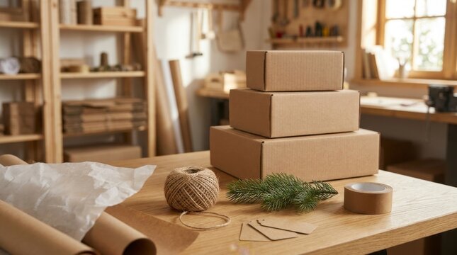 Three stacked cardboard boxes on a wooden table with craft supplies in a workshop, ready for shipping or gift wrapping