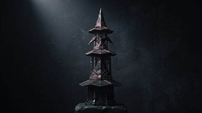 3d Halloween trick or Treat abstract background design new 2026 Dark fantasy pagoda tower with geometric design on dark background illustration