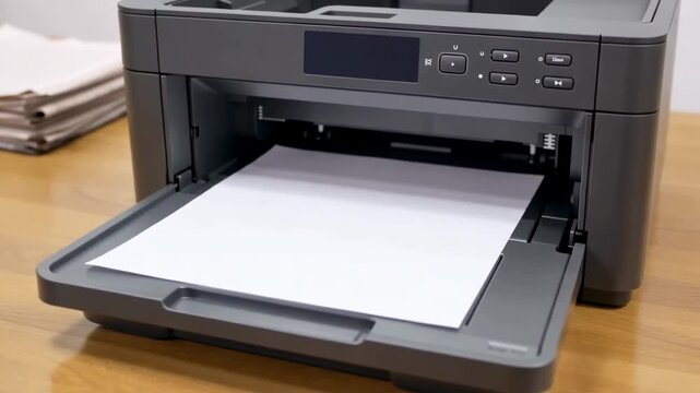 A modern office printer feeds a blank white sheet into its output tray in a clean workplace technology scene.