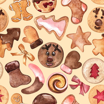 Christmas seamless pattern with watercolor cookies collection on cream yellow background. Beautiful and cozy festive design for textile, gift paper, cookbooks, scrapbooking