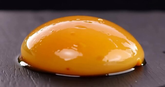 A rich golden egg yolk slowly spreads with glossy highlights in a smooth extreme macro culinary scene
