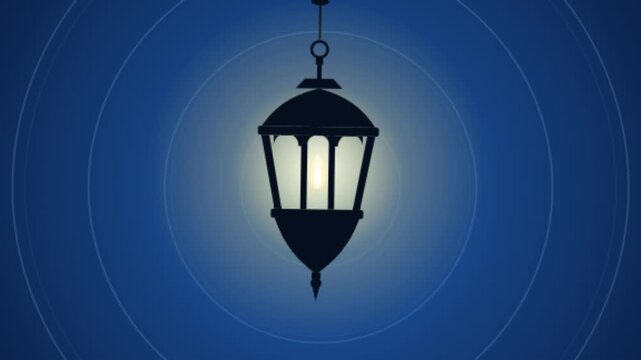 Multiple vintage glowing lanterns hanging on a blue background