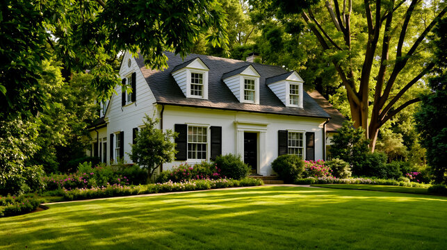 A white house with a black roof and shutters surrounded by a well-maintained lawn and trees
