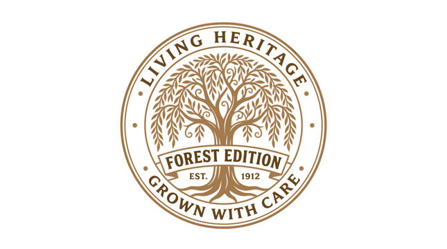 Vintage style round logo with a willow tree and text Living Heritage Forest Edition.