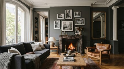 Obraz premium Cozy Parisian Living Room: A warm and inviting living space featuring a plush sofa, a crackling fireplace, and a collection of art adorning the walls.