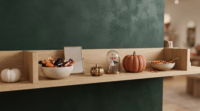 3d Halloween trick or Treat abstract background design new 2026 Cozy autumnal shelf display with pumpkins, snacks, and seasonal decor illustration