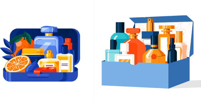 A vibrant blue monthly discovery box showcases an array of colorful indie perfumes surrounded by fresh fruits and herbs, creating a lively and aromatic atmosphere