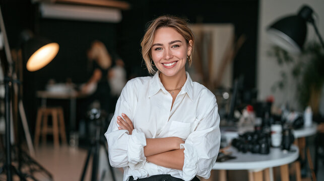 Confident female professional pose in creative modern photo studio space