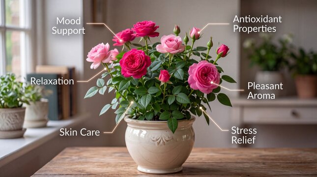 Rose plant in ceramic pot. Potted miniature roses with text callouts about wellness and benefits