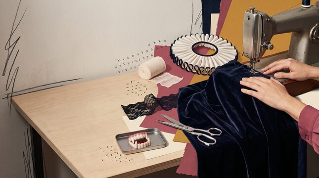 DIY Halloween sewing crafts with fabric, sewing machine and handmade decoration project for seasonal holiday creativity