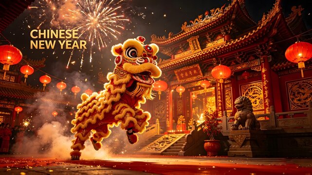 Chinese New Year Lion Dance Banner with Fireworks and Temple