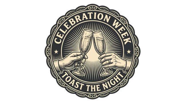 Vintage style round emblem with hands toasting champagne flutes.