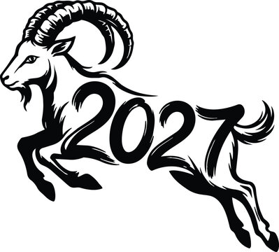 Chinese Lunar New Year 2027 Goat Zodiac Illustration with Goat Symbol, Chinese Calligraphy and Traditional Asian Festival Design