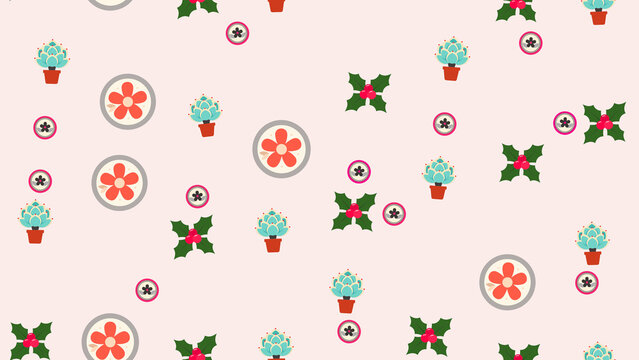 Seamless pattern with stylized potted plants and holly