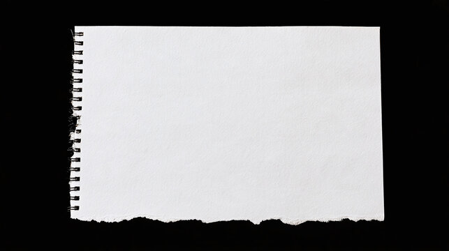 Blank white torn paper sheet from spiral notebook on black background