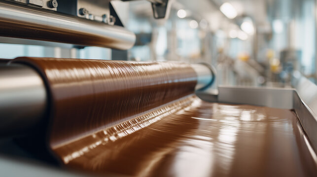 Industrial chocolate processing rollers spreading smooth melted chocolate in a modern factory, illustrating confectionery manufacturing, food production, industrial automation and chocolate processing