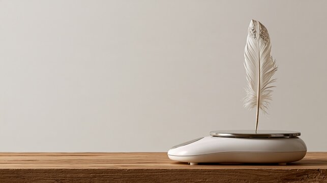 Kitchen Measuring Tools photo: a kitchen scale weighing a single feather on a wooden table, looking confused, bright white background.