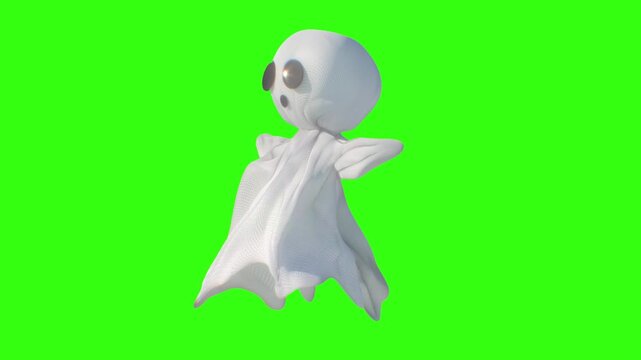 Cute Halloween Ghost Character with Flowing Fabric and Wide Eyes on green loop Background 3d render