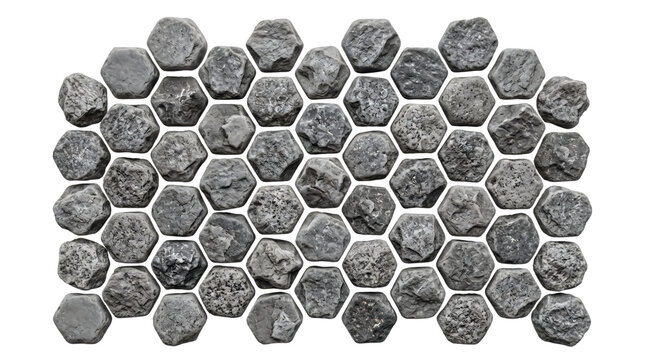 Hexagonal honeycomb grid pattern made of gray stone tiles isolated on pure white background