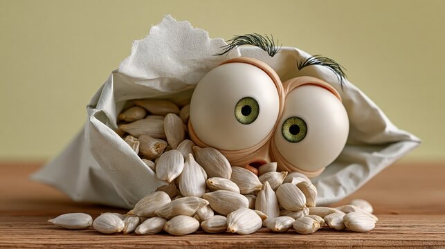 Seeds and Seedlings photo: a torn-open seed packet on a wooden table with seeds spilling out and looking surprised, pastel yellow background.