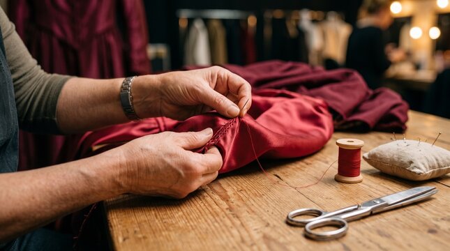 Careful hand stitching repairs a crimson stage sleeve