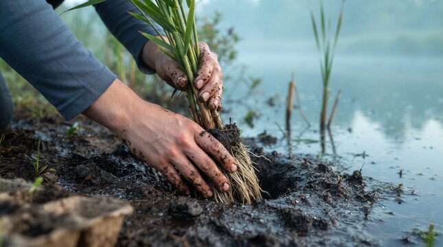 Hands settle native reed roots into wetland soil