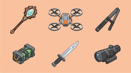 Obraz premium Fantasy Weapon and Modern Technology Icon Collection Set Vector Illustration