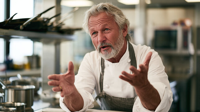 Senior male chef talk passionately in a restaurant kitchen environment pro