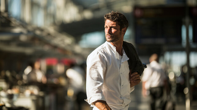 Handsome man wait with coat over shoulder in terminal hall for trip start