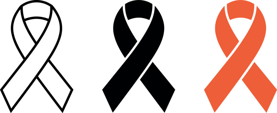 Awareness ribbon, support campaign, and charity cause icons vector set in outline, solid black, and orange styles