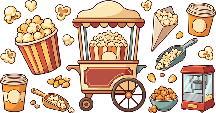Popcorn cart illustration with striped popcorn machine, cups, popcorn cones, snack bowls and colorful carnival cinema treats