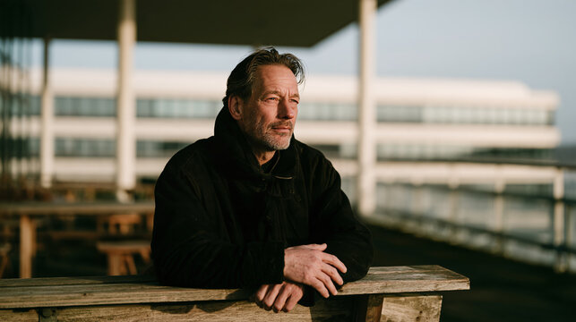 Thoughtful mature man in black hoodie outdoors near modern white building