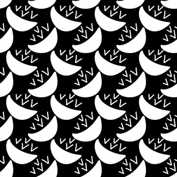 White crescent moons and checkmarks seamless pattern isolated on black background
