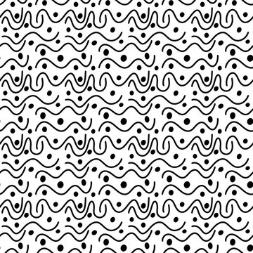 Monochrome wavy lines and polka dots seamless pattern line art vector background