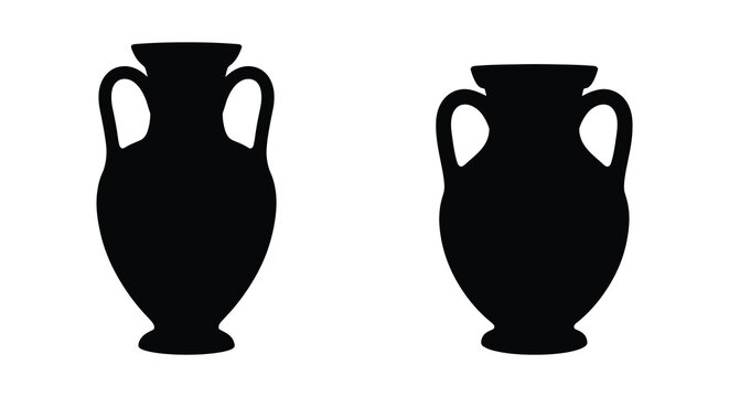 Two black silhouettes of ancient amphorae stand against a white background displaying classic vessel forms amphora