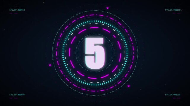 Digital countdown timer with number five in a futuristic HUD style interface with glowing neon circular elements for high-tech motion graphic projects