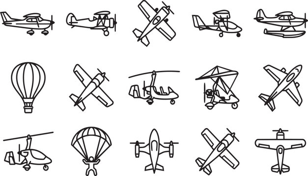Light aircraft and recreational aviation line icons set featuring small planes and gliders.